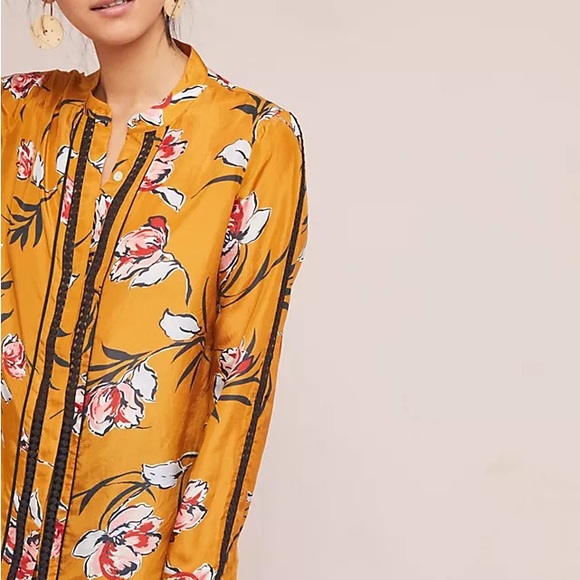 Anthropologie gold mustard floral long sleeve silk shirt M - Picture 2 of 10